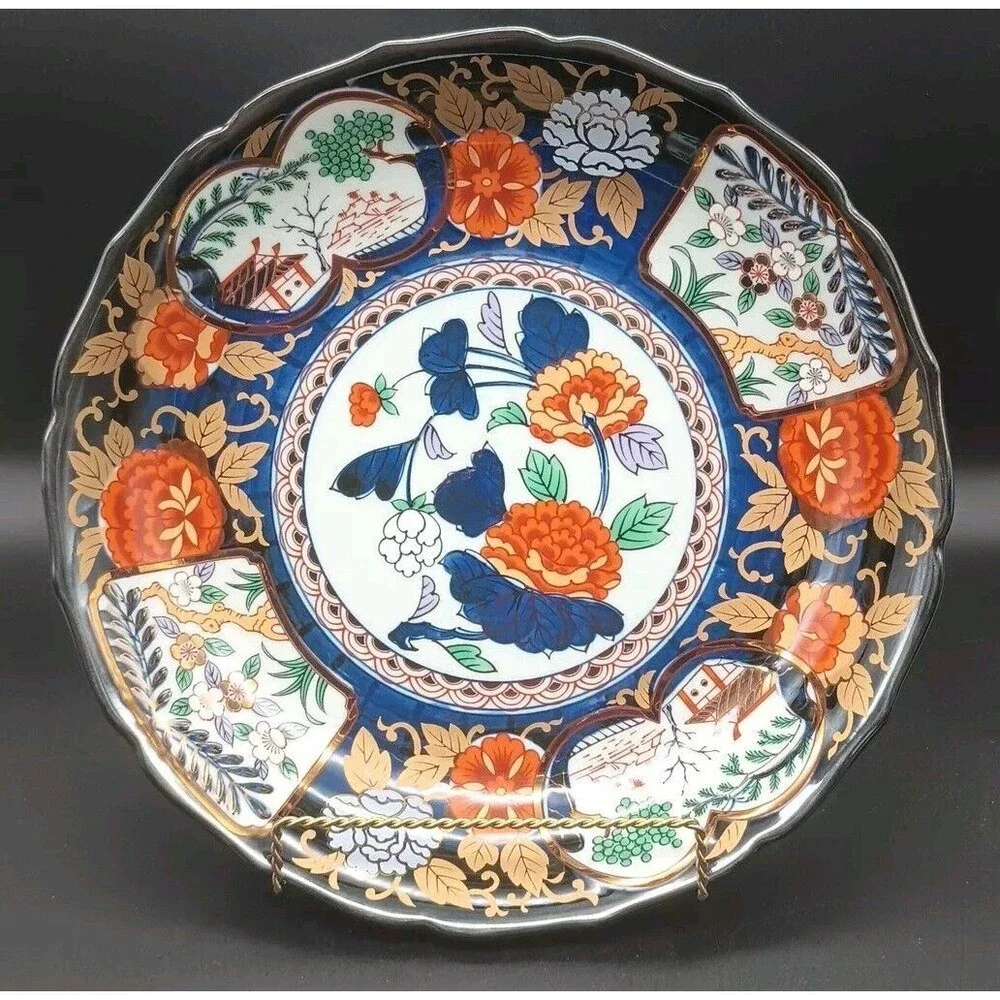 Utsuwa Japan Imari Serving Bowl Chrysanthemum Scalloped Rim Gold 12.25